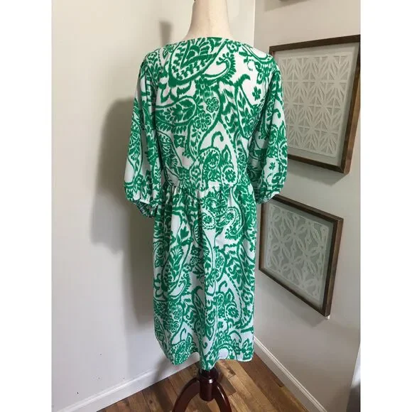 Emma & Michele 2X Green White Ikat Paisley Boho Peasant Dress Preppy Coastal - Picture 3 of 8